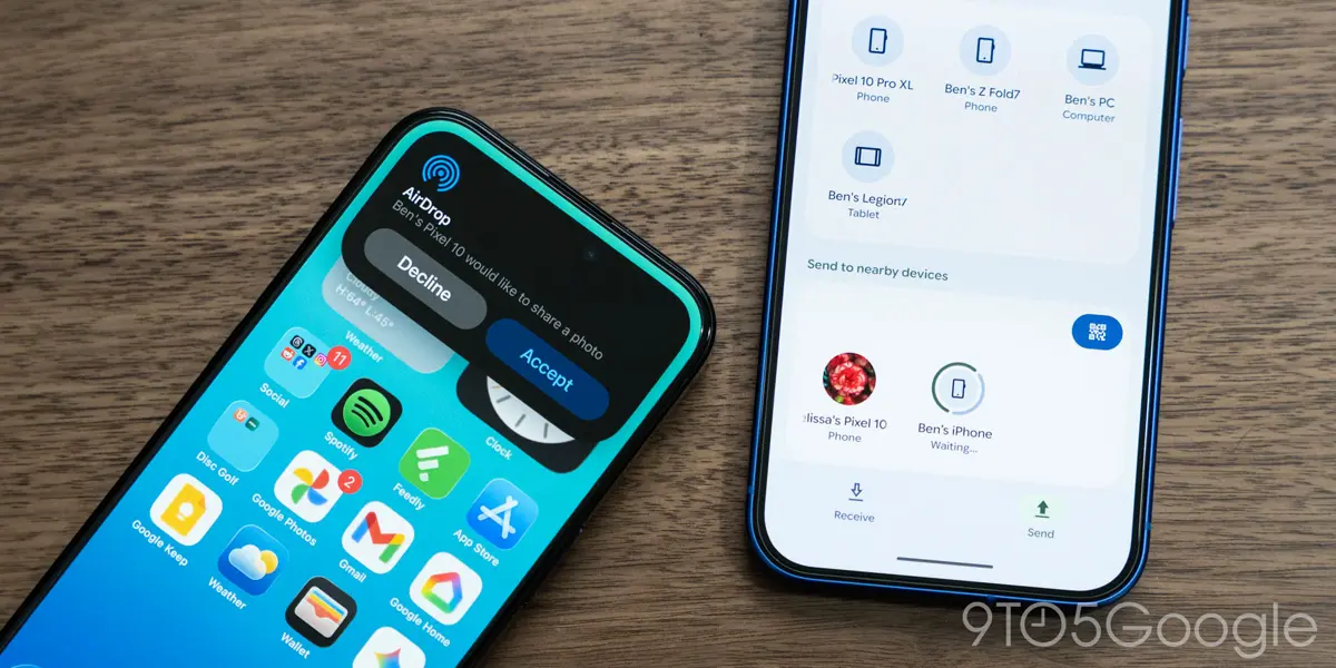iPhoneとAndroidスマートフォンの間でAirDrop通知が表示される様子