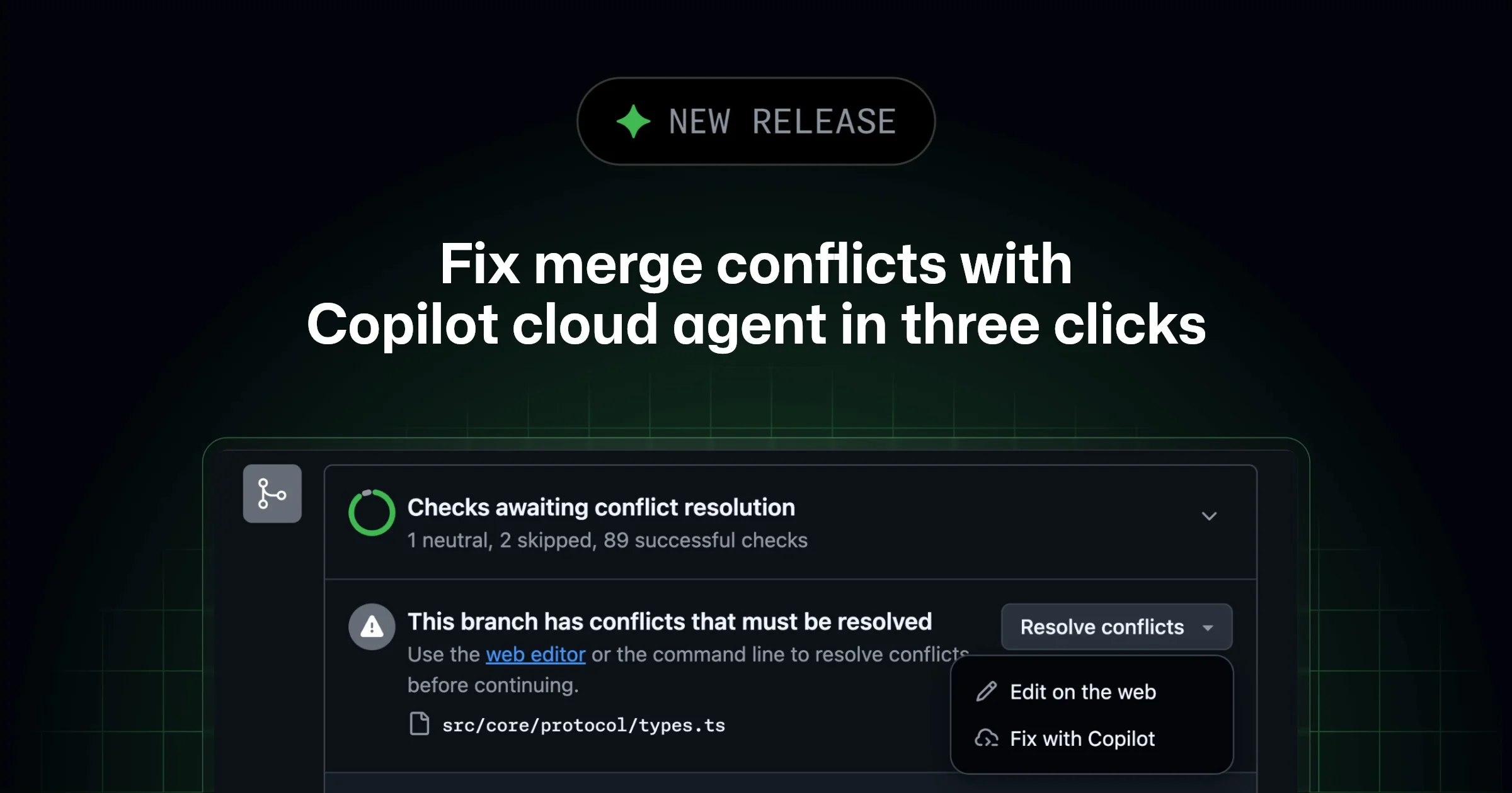 Copilotのcloud agentがマージコンフリクトを解消する画面のUI紹介
