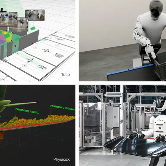 ハノーバーメッセの展示会場でロボットアームが製造ラインと連動する様子のイメージ