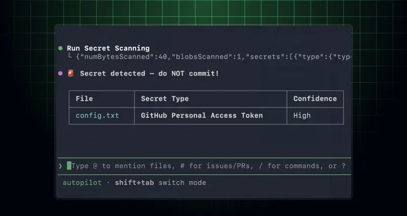 ターミナルにシークレット検出の警告が表示されたGitHub MCP Serverの画面