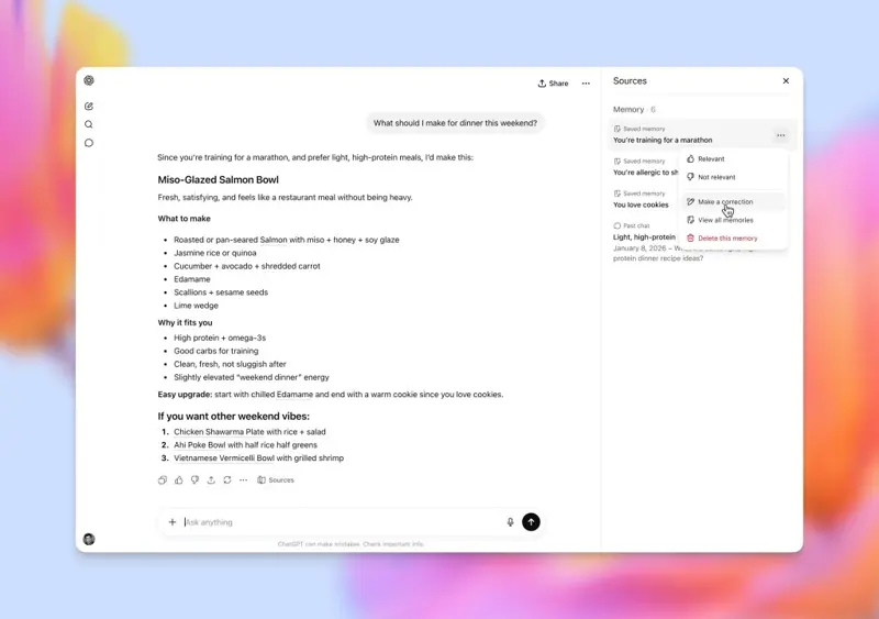 ChatGPTのUIでメモリのソースパネルが開いており、保存済みメモリが一覧表示されている