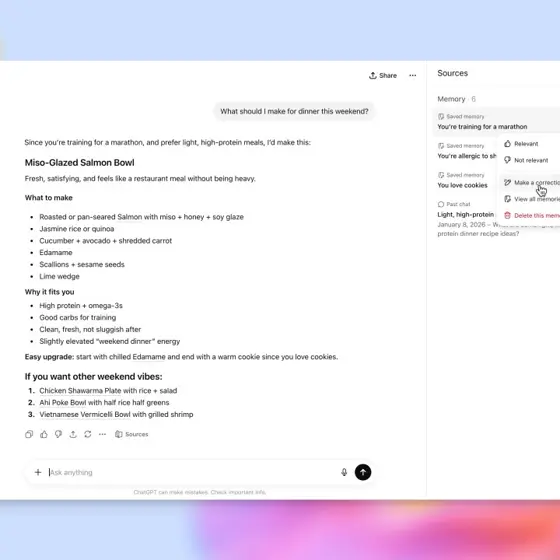 ChatGPTのUIでメモリソースパネルが開いている画面