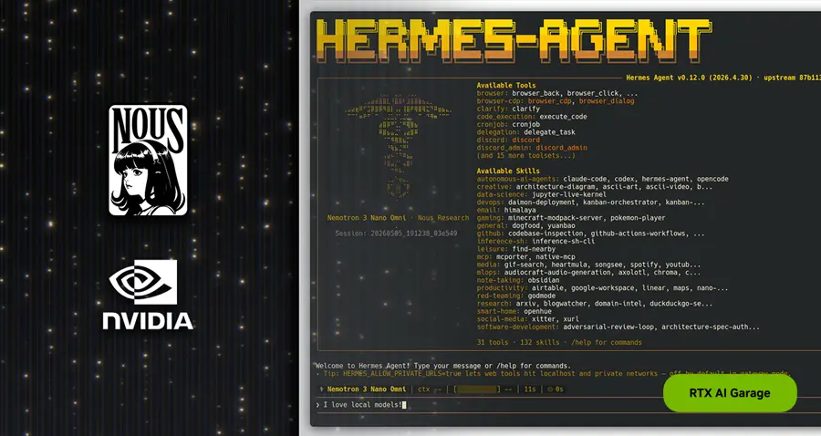 NVIDIA RTX AI Garageが紹介するHermesエージェントの動作イメージ