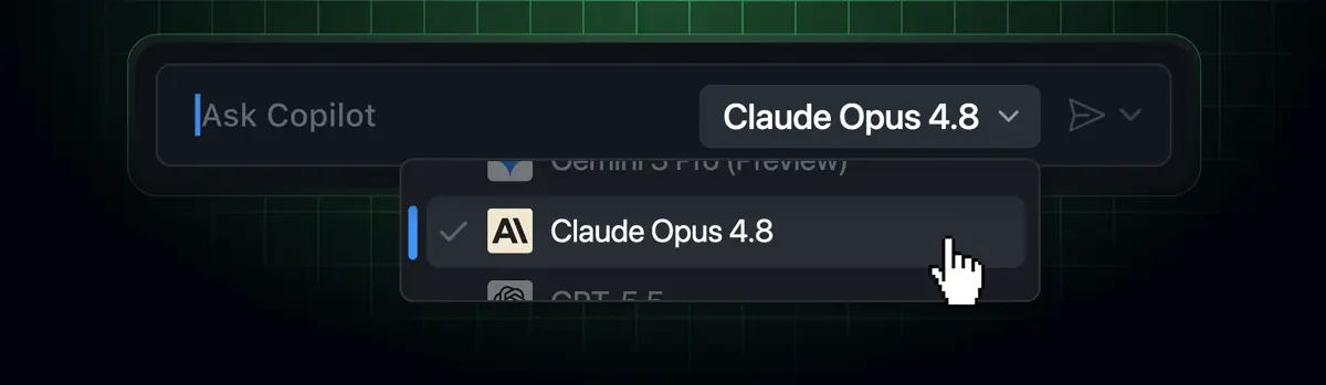 GitHub Copilotのモデルピッカーで「Claude Opus 4.8」が選択されている画面