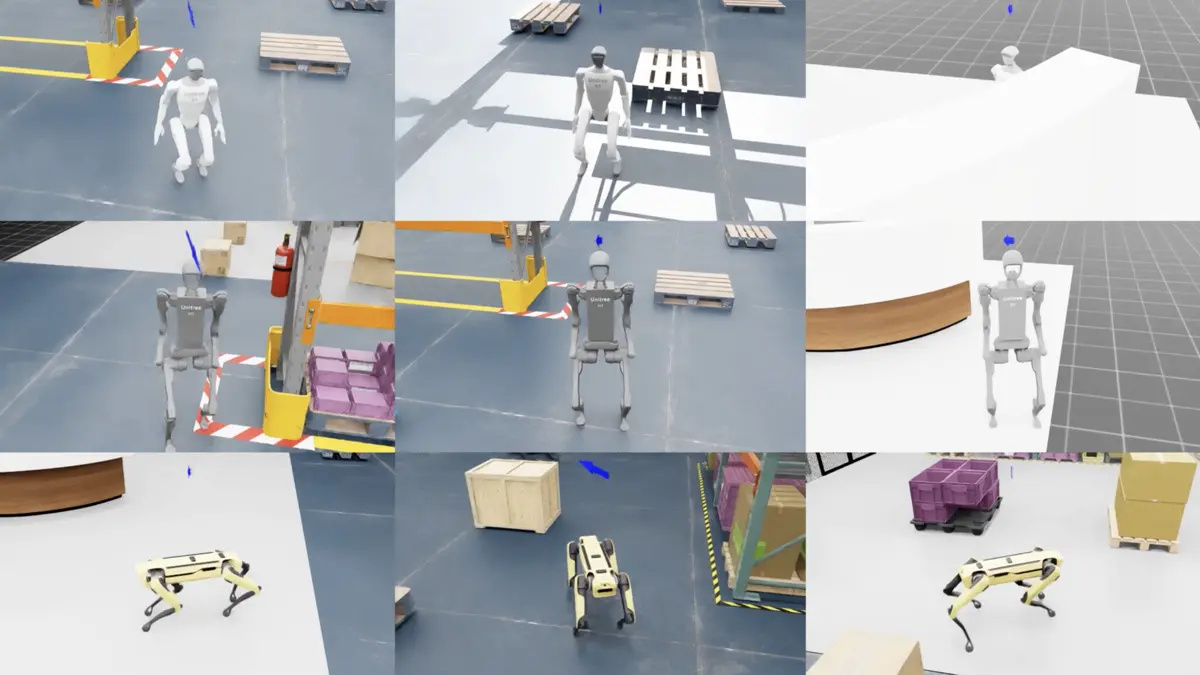 Isaac Sim内でシミュレーションされたヒューマノイドと四足歩行ロボットが倉庫環境で動作する様子のグリッド
