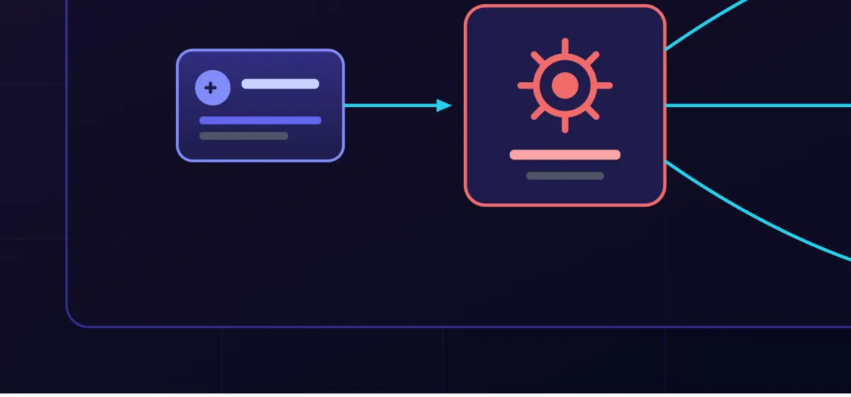 ノーコードのワークフロー構築画面を模した図。トリガーからエージェント、各種連携先へとノードがつながる
