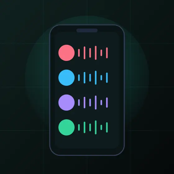 スマートフォン画面に4つの音声エージェントのアイコンと音声波形を並べた抽象イラスト
