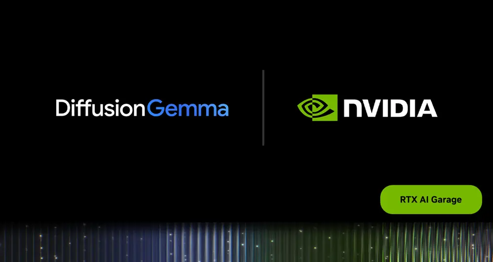 DiffusionGemmaとNVIDIAのロゴを並べたビジュアル。下部に光の筋が走る