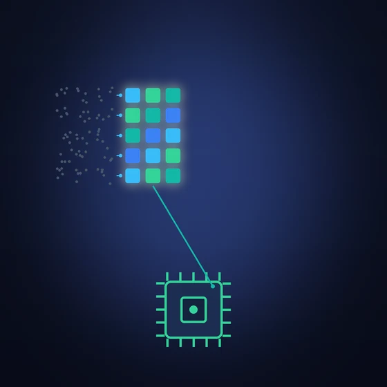 左側の散らばったノイズ点が、右側で色付きの整ったブロック群へと整列し、下部のGPUチップへ流れ込む抽象イラスト
