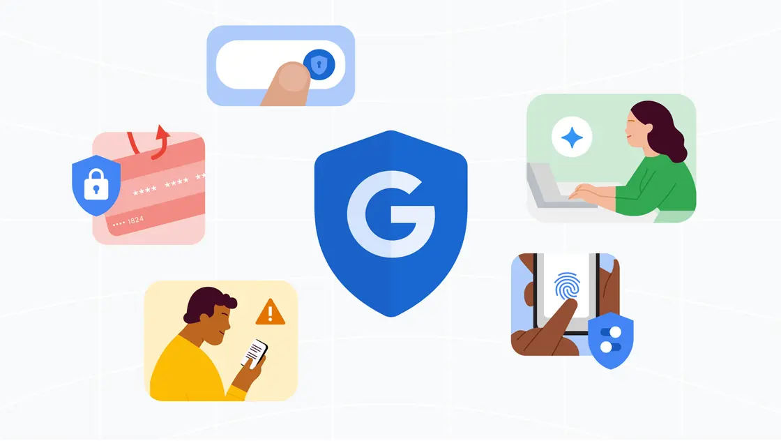 Googleのセキュリティ施策を表すイラスト。盾のマークを中心に、詐欺警告を受け取る人や指紋認証が描かれている
