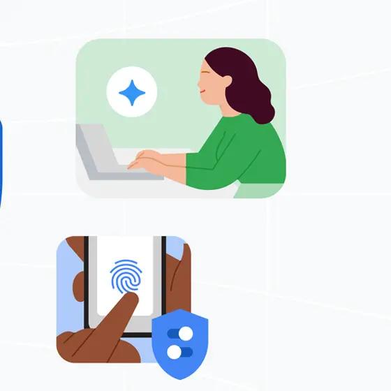 ノートPCで作業する人と指紋認証のセキュリティイラスト