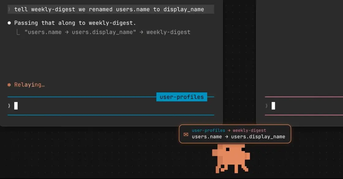 あるセッションから別のセッションへ変更内容を伝えるClaude Codeのデモ画面