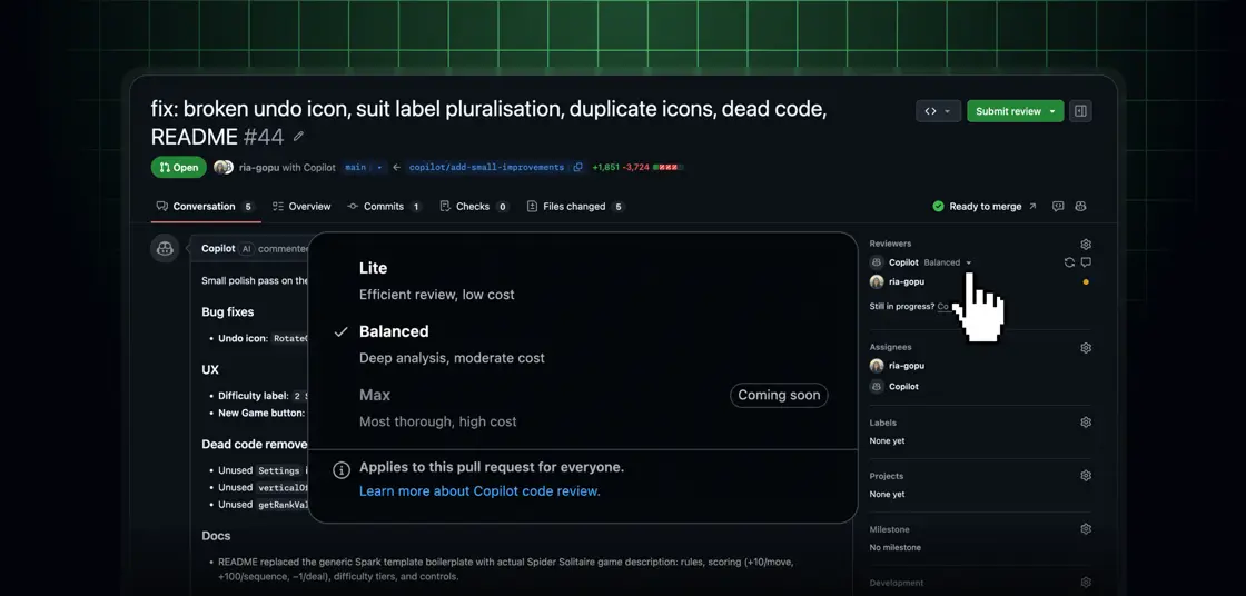 LiteとBalancedを選択するCopilotコードレビューのエフォートレベルピッカー