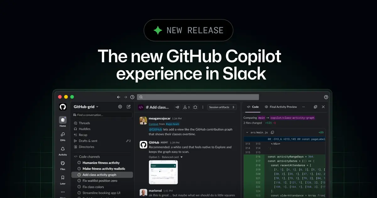 SlackのコードチャンネルでGitHub Copilotエージェントと協働している画面
