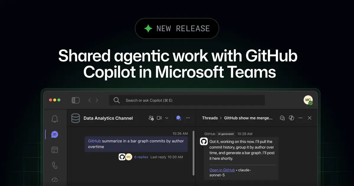 Microsoft TeamsのチャンネルでGitHub Copilotにタスクを依頼している画面