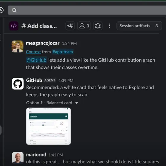 SlackのチャンネルでGitHub Copilotエージェントとやり取りしている画面