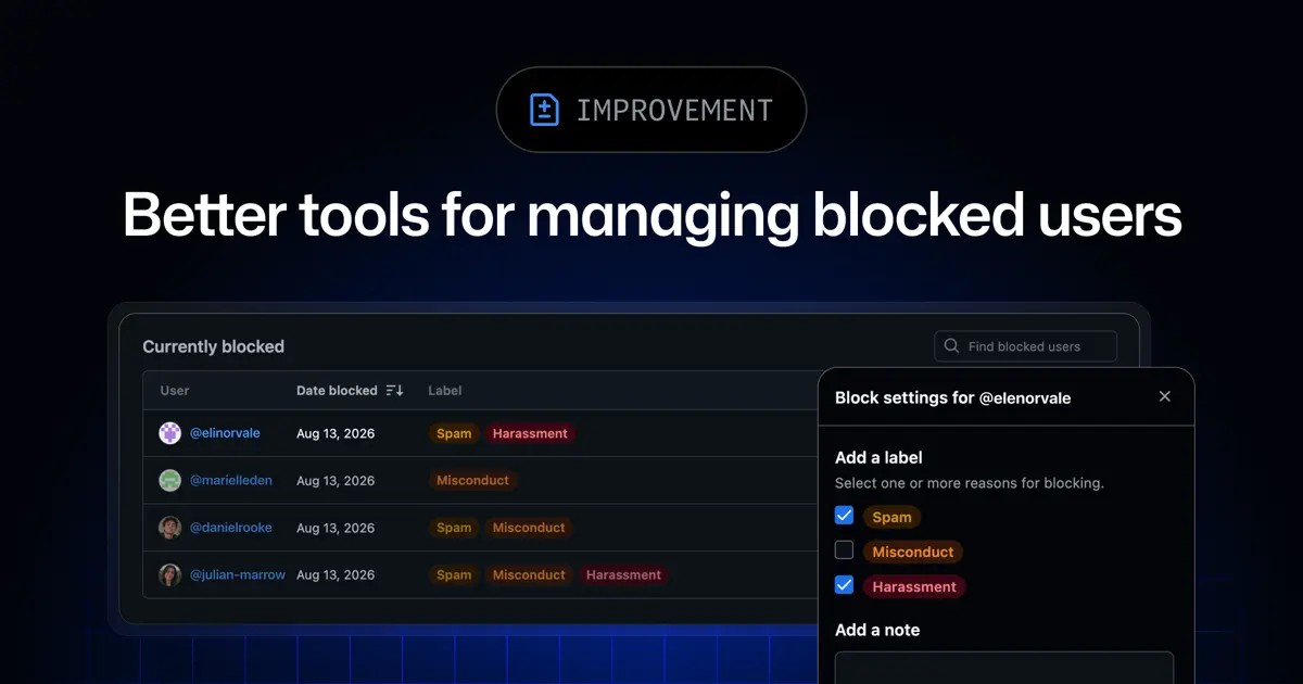 ブロック済みユーザーの一覧とラベル、ブロック設定パネルを表示するUIのイメージ