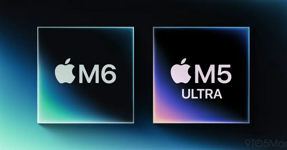 黒い背景に浮かぶM6とM5 Ultraのチップイメージ、それぞれAppleロゴとチップ名が表示されている