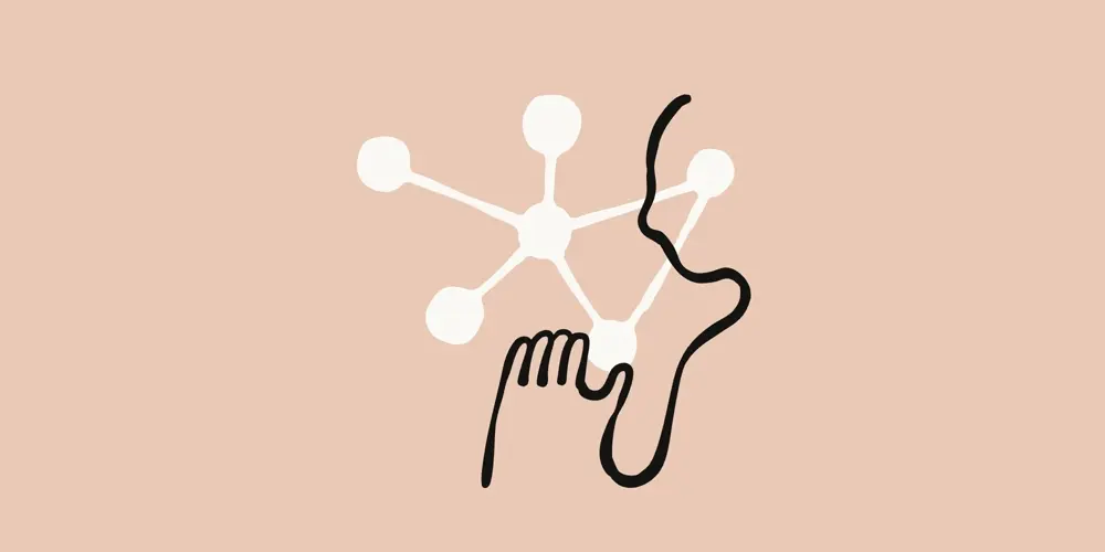薄いピンク背景に、白い点と線でつながれたネットワーク図と、それに触れる手のイラスト