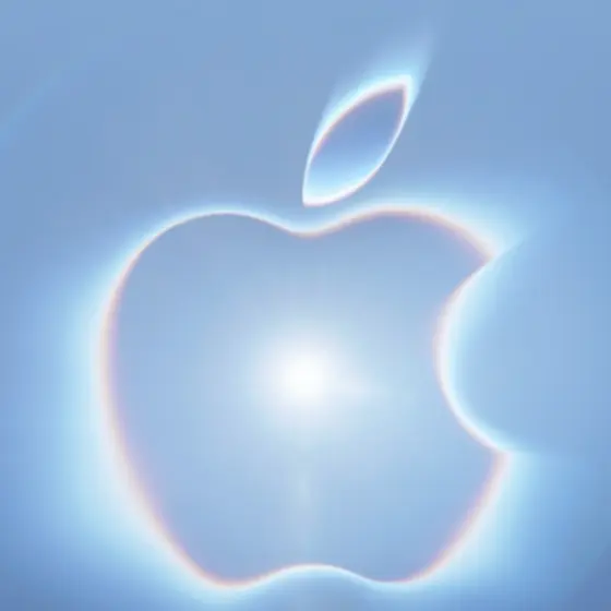 青い光の中に浮かぶAppleロゴのイラスト
