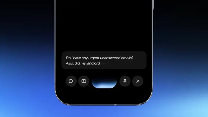 スマートフォン画面の下部に表示された音声入力バーと、"Do I have any urgent unanswered emails?"という問いかけのテキスト