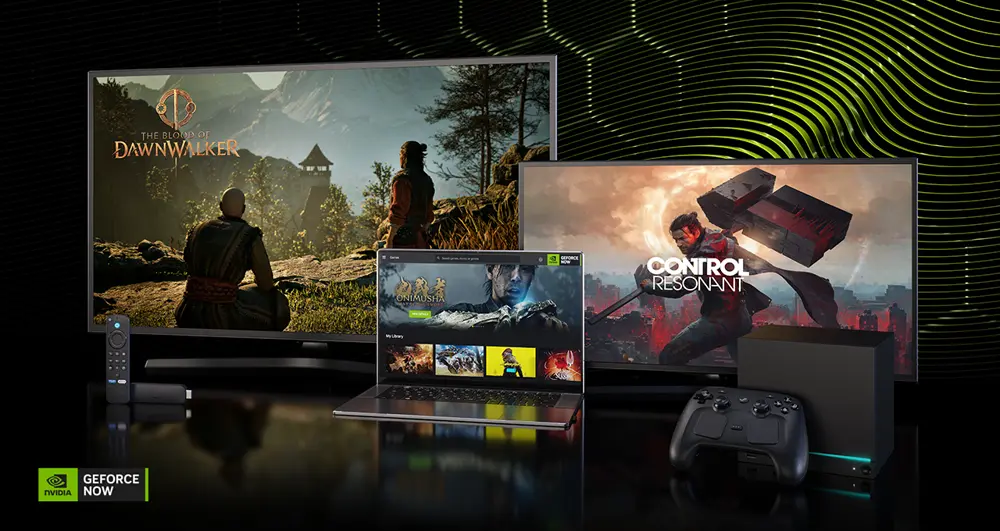 テレビとノートPCの画面に「CONTROL Resonant」などのゲーム画面が表示され、手前にコントローラーが置かれたビジュアル