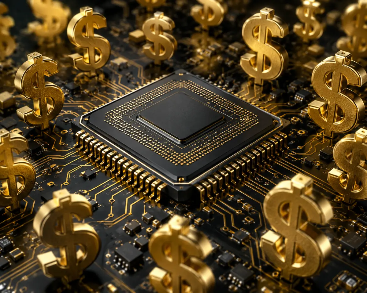 金色のドル記号に囲まれた黒いコンピューターチップと基板のクローズアップ