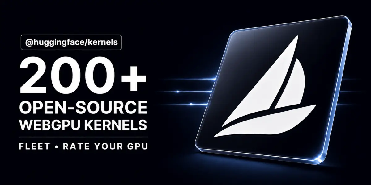 濃紺の背景に浮かぶガラス板の上に描かれた白いヨットのアイコンと「200+ OPEN-SOURCE WEBGPU KERNELS」の文字