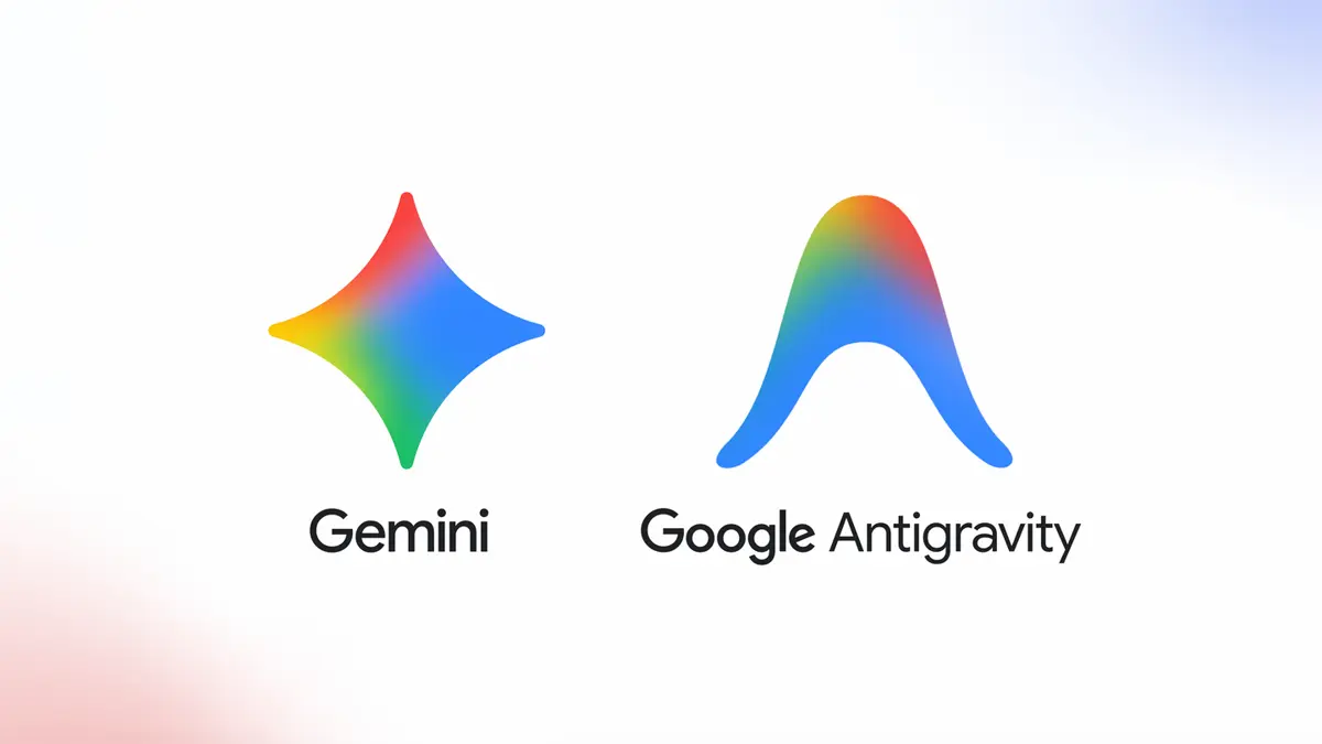 白背景に描かれた青とオレンジのグラデーションのアーチ型アイコン「Google Antigravity」