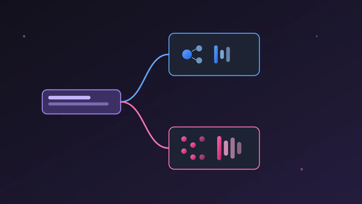 紫色の球体ノードを中心に、画像やテキストのアイコンから曲線が集まり、複数の出力ベクトルへ広がるイラスト
