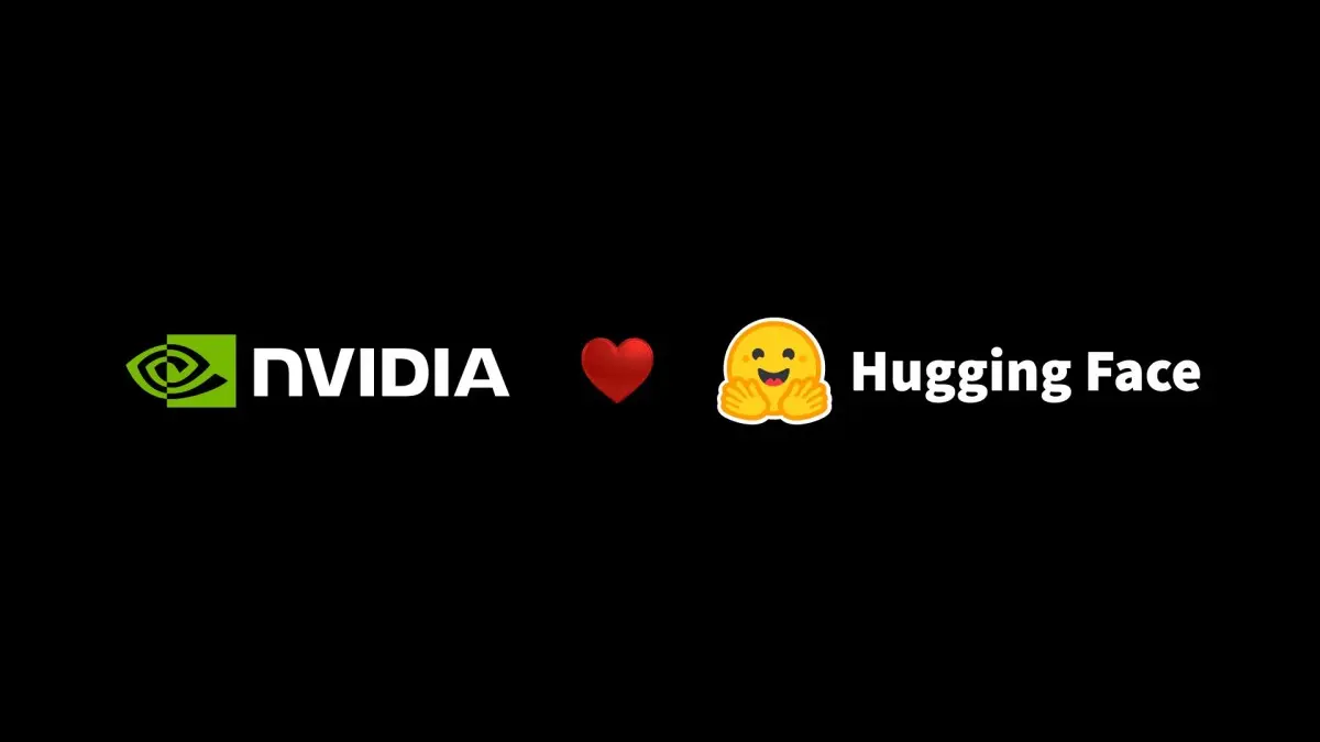 NVIDIAのロゴとハートマーク、Hugging Faceのロゴが黒背景に並ぶイメージ