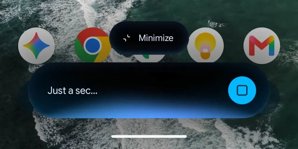 Androidの画面上でGeminiオーバーレイのMinimizeボタンが表示されている様子