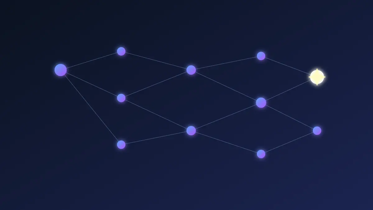 青紫のノードが線でつながったネットワーク図の右端に、光る星のアイコンが配置されたイラスト