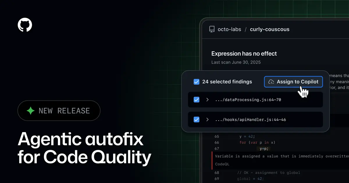 GitHubのCode Quality画面で複数の検出結果にチェックを入れ「Assign to Copilot」ボタンを押している様子を示す図解