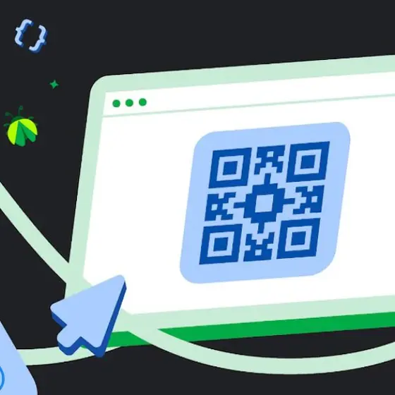 スマートフォンの接続完了画面とQRコードが表示されたブラウザウィンドウをつなぐ配線のイラスト