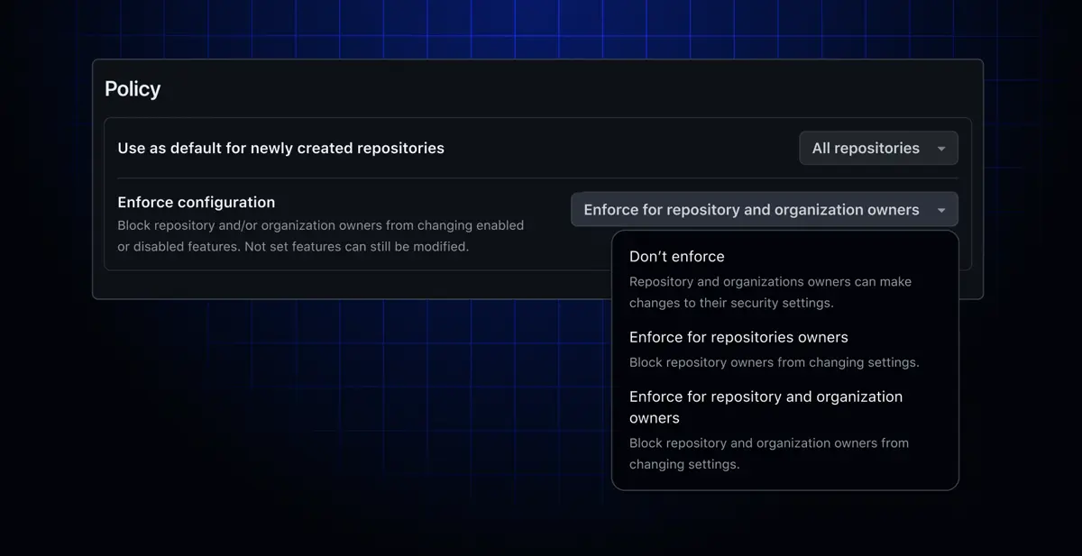 セキュリティ設定画面で「Enforce for repository and organization owners」を選択しているスクリーンショット
