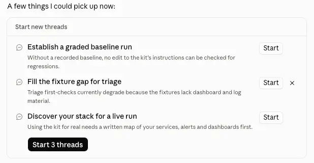 Claude Codeのプロジェクト画面で「Start new threads」パネルが表示され、着手可能な作業候補と「Start」ボタンが並んでいるスクリーンショット