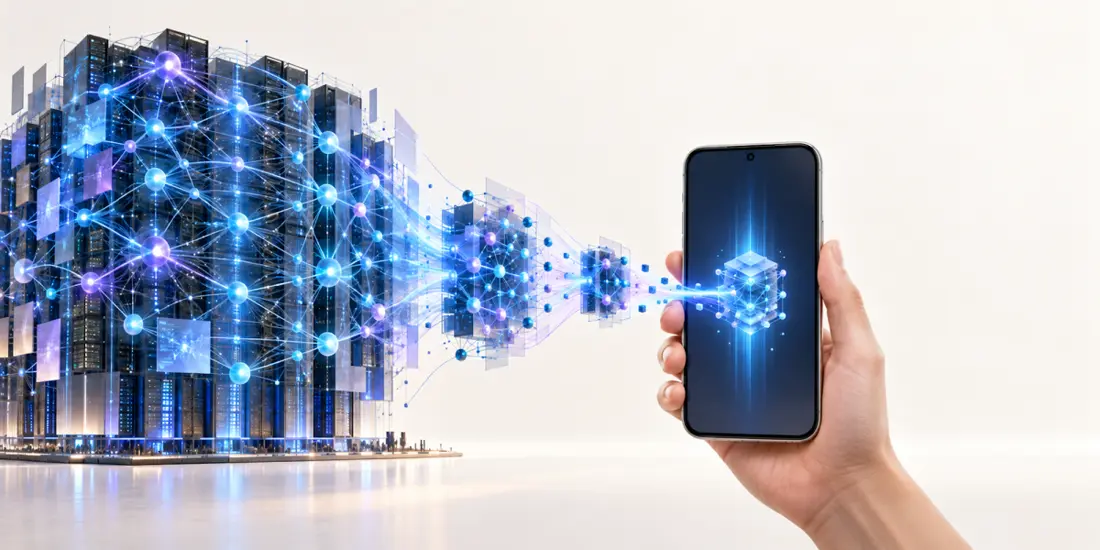 データセンターからネットワークが伸びてスマートフォンに接続される様子を示したイラスト