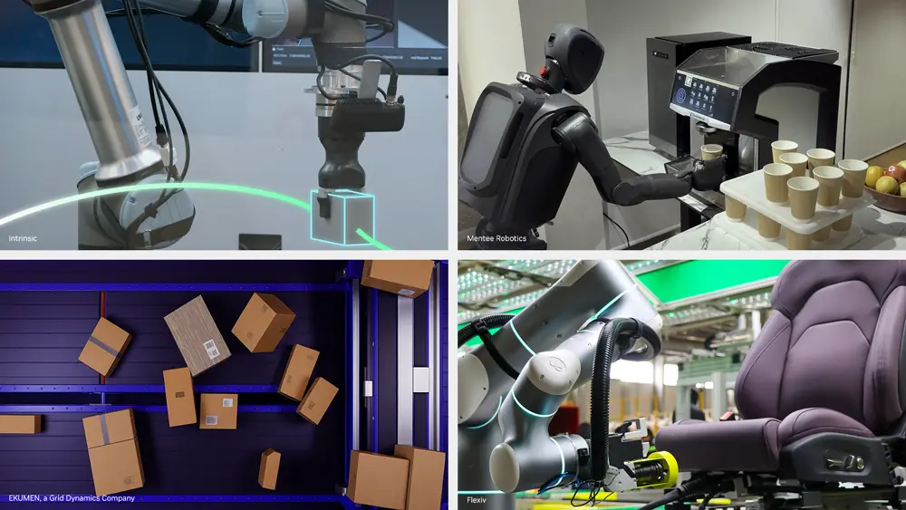 NVIDIA Isaac ROSを活用するパートナー各社のロボットの写真(Intrinsic、Mentee Robotics、EKUMEN、Flexivの事例)