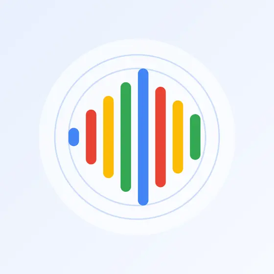 水色を背景に青・赤・黄・緑のバーが波形状に並んだ、Googleのブランドカラーによる音声波形のイラスト