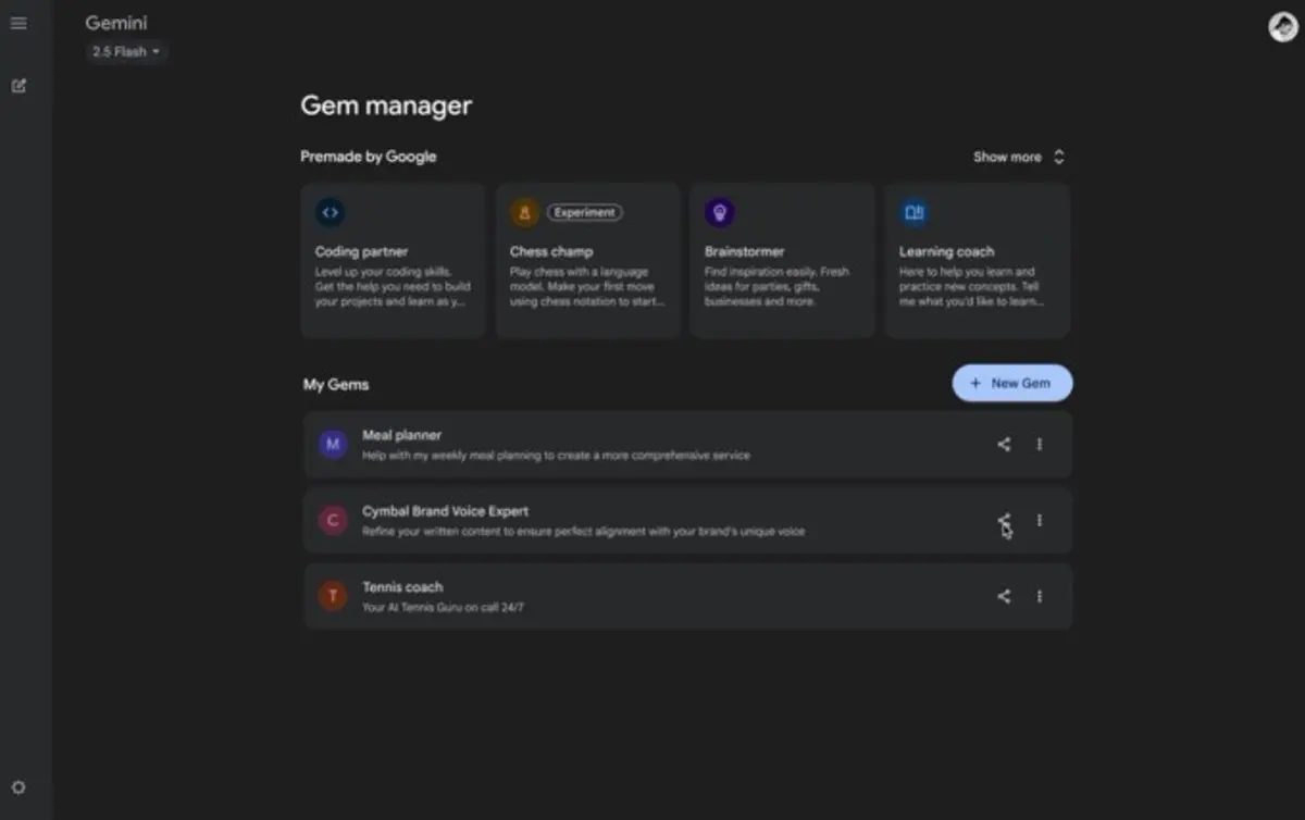 「Gem manager」の画面に、あらかじめ用意されたGemsと自分で作成したGemsの一覧が並んでいるスクリーンショット