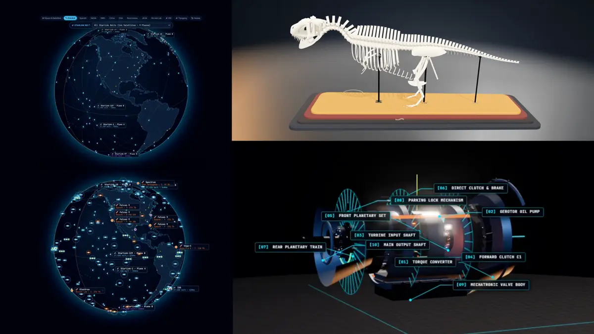 衛星の軌道図、3D恐竜骨格、自動変速機の分解モデルなど、Gemini 3.8 Flashで作られた作品を並べたコラージュ画像