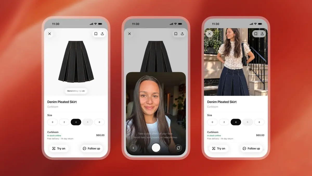 3台のスマートフォン画面が並び、左からスカートの商品ページ、自撮り撮影の案内画面、試着結果を表示した画面が表示されているイメージ