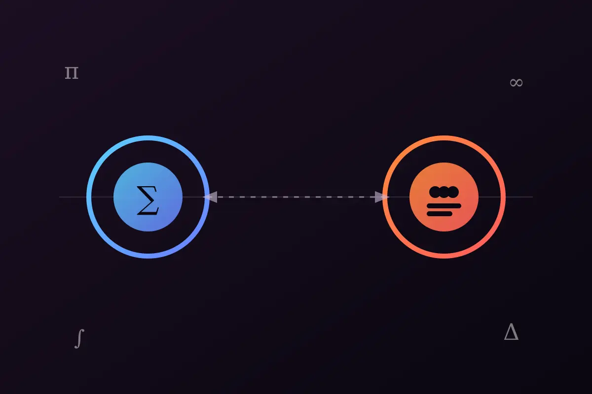 暗い紫の背景に、左側は青いΣ記号を囲む円、右側は顔のような表情を持つオレンジの円があり、両者を点線の矢印でつなぐ抽象的なイラスト