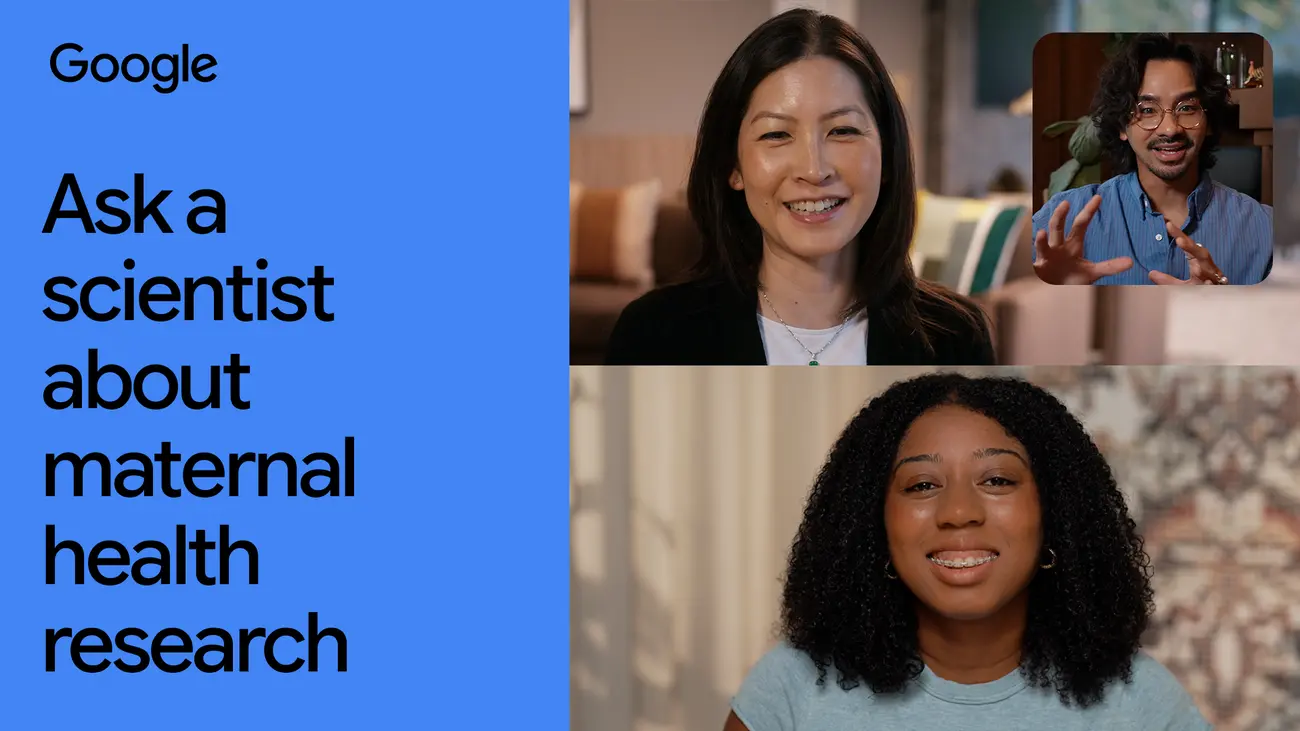 青い背景に「Ask a scientist about maternal health research」の見出しが入ったGoogleのインタビュー企画バナー。右側には研究者3名の顔写真が並ぶ