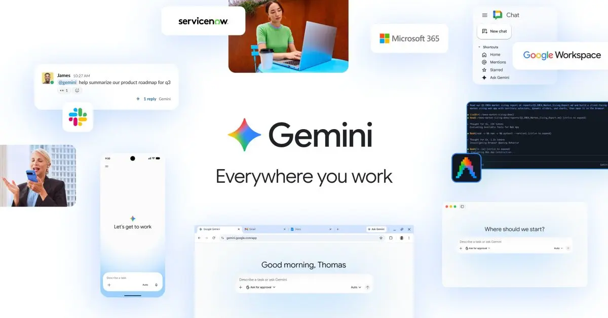 複数のアプリと連携する様子を表したGemini agentのイメージ画像。中央に「Gemini」のロゴと、Slack・Google Workspace・Microsoft 365などの連携先アプリのモックアップが並ぶ
