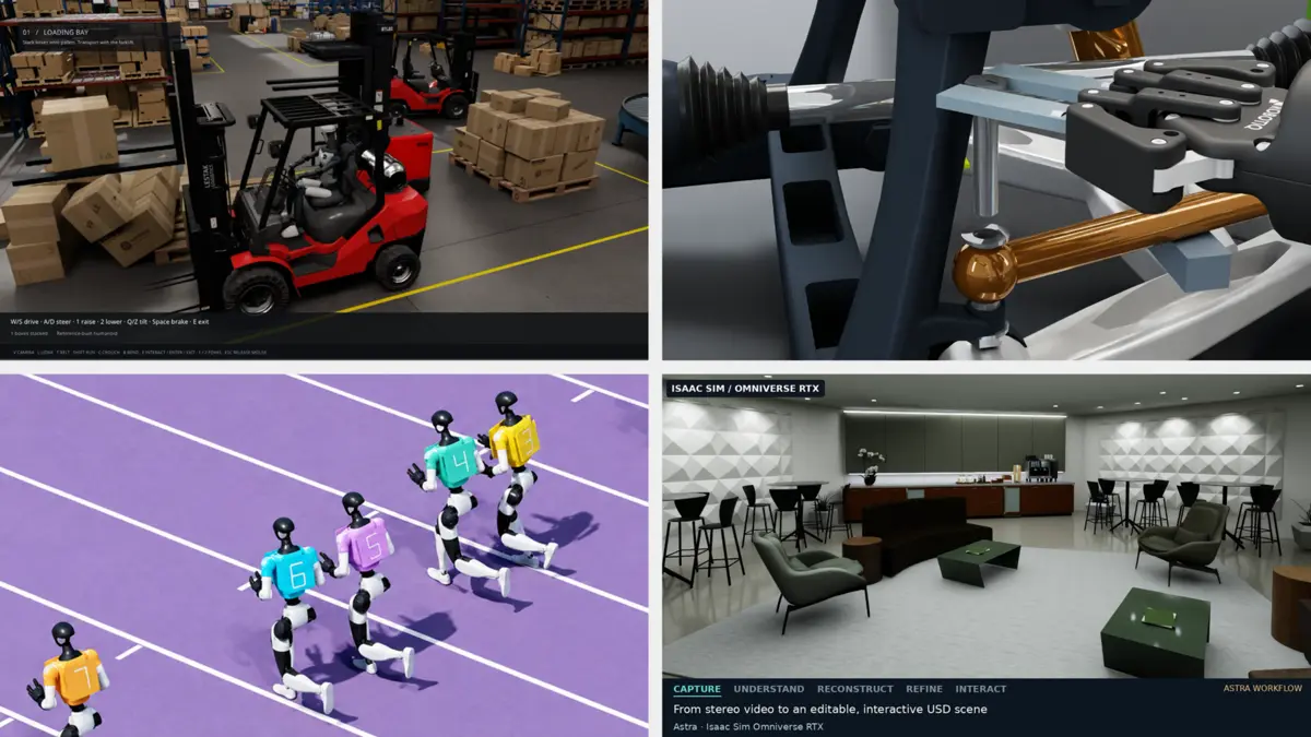 4分割された画面に、倉庫内のヒューマノイドロボット操作画面、ロボットアームの関節部分、トラックを走る複数のヒューマノイドロボット、オフィス風の室内シーンが並ぶシミュレーション画面
