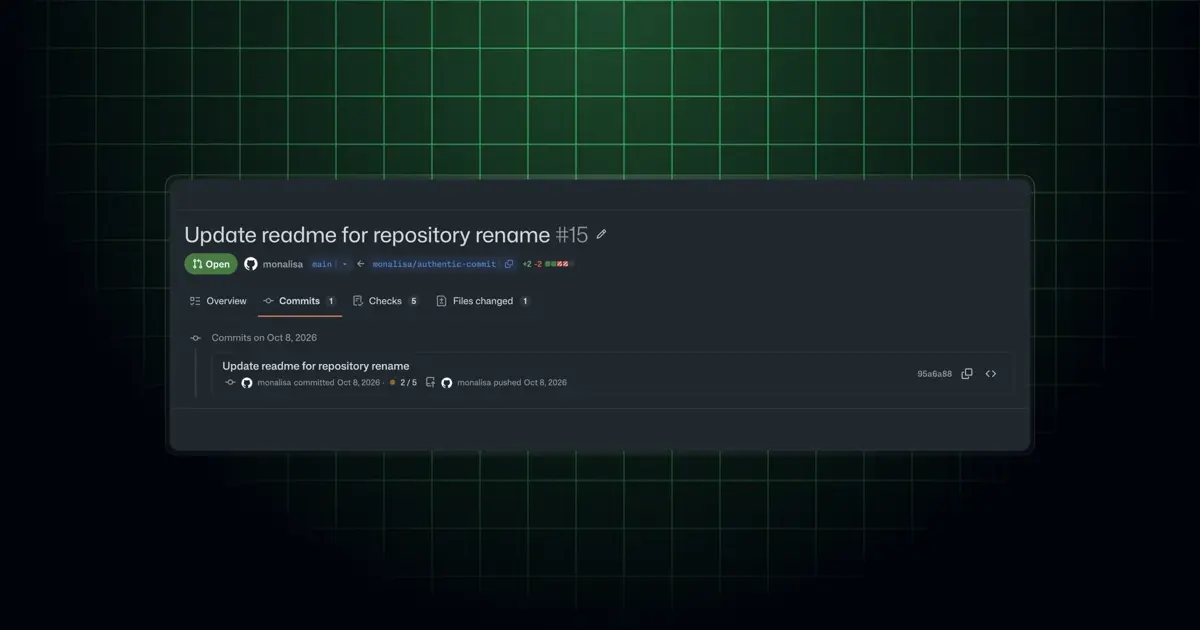暗い背景にグラフを背景にした「Update readme for repository rename」というプルリクエストのCommitsタブが表示され、committedとpushedの操作がそれぞれ別の表記で記録されている画面のスクリーンショット