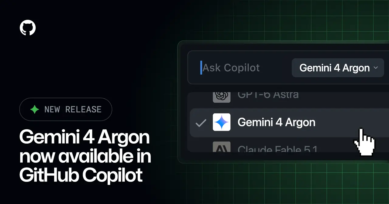 濃紺の背景に「Gemini 4 Argon now available in GitHub Copilot」の見出しとモデルピッカーのUIモックアップが表示されたバナー画像