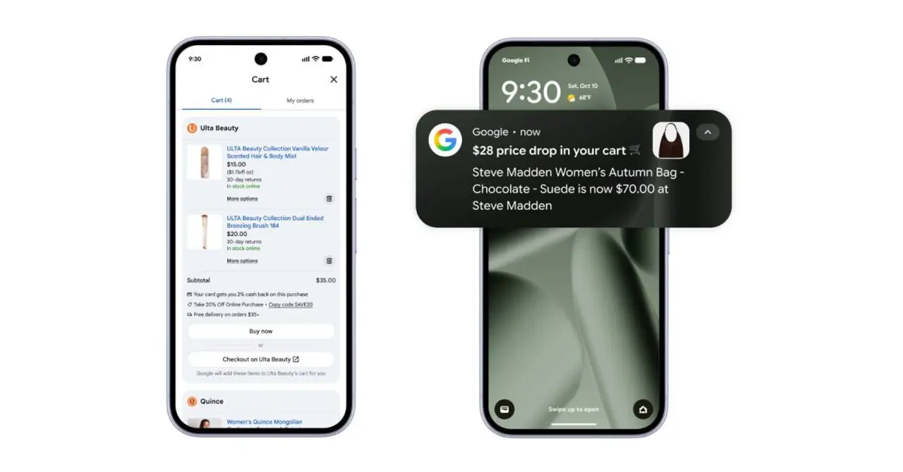 スマートフォンの画面に表示されたUniversal Cartのカート画面と、商品の値下げを知らせる通知のスクリーンショットを並べた画像